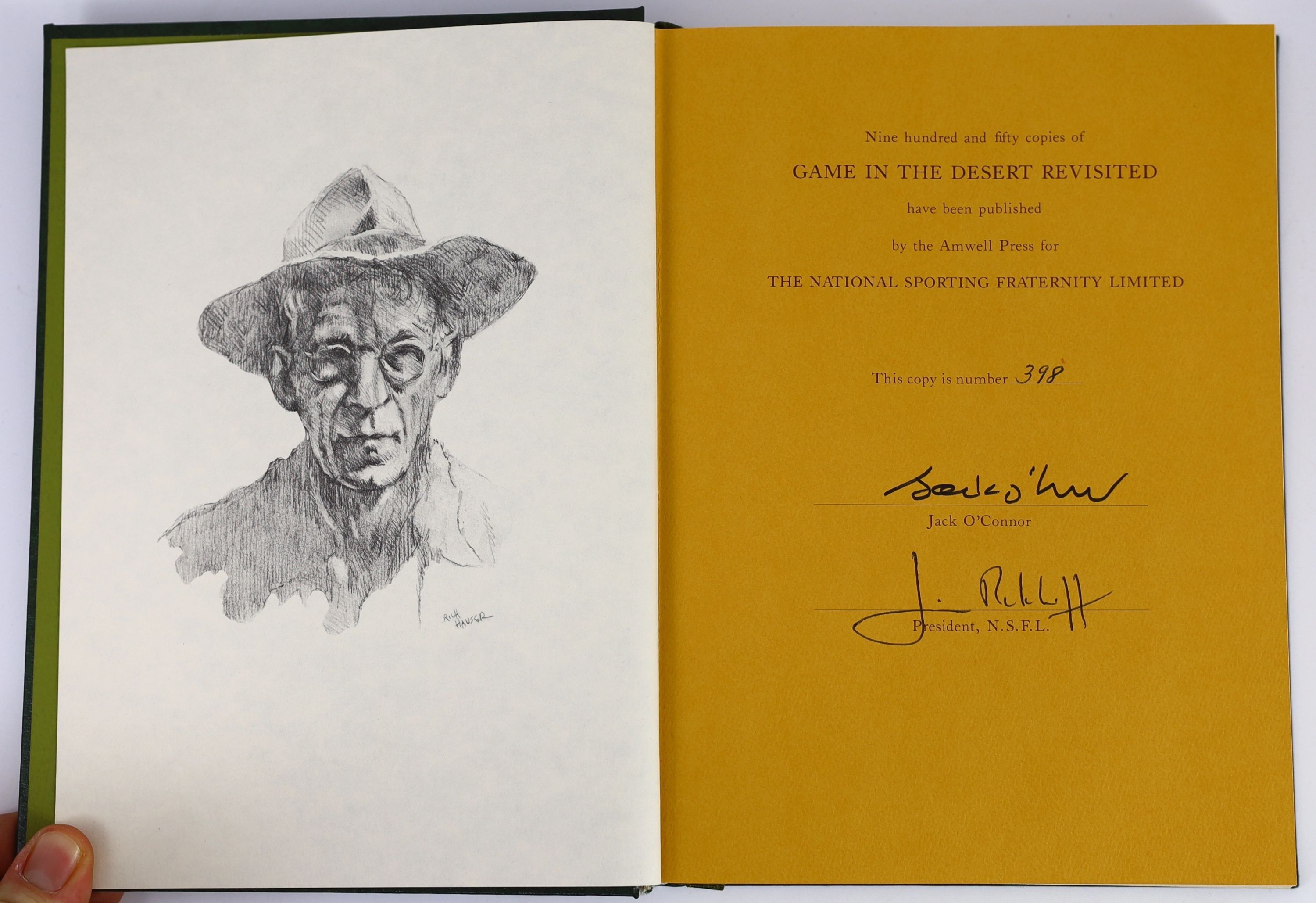 O’Connor, Jack. Game in the Desert Revisited. Illustrated by Rich Hauser. Amwell Press, Clinton, New Jersey, 1977. New Jersey, 1997. Original cloth binding, gilt, in slip case. * Number 398 of a limited edition of 1,000